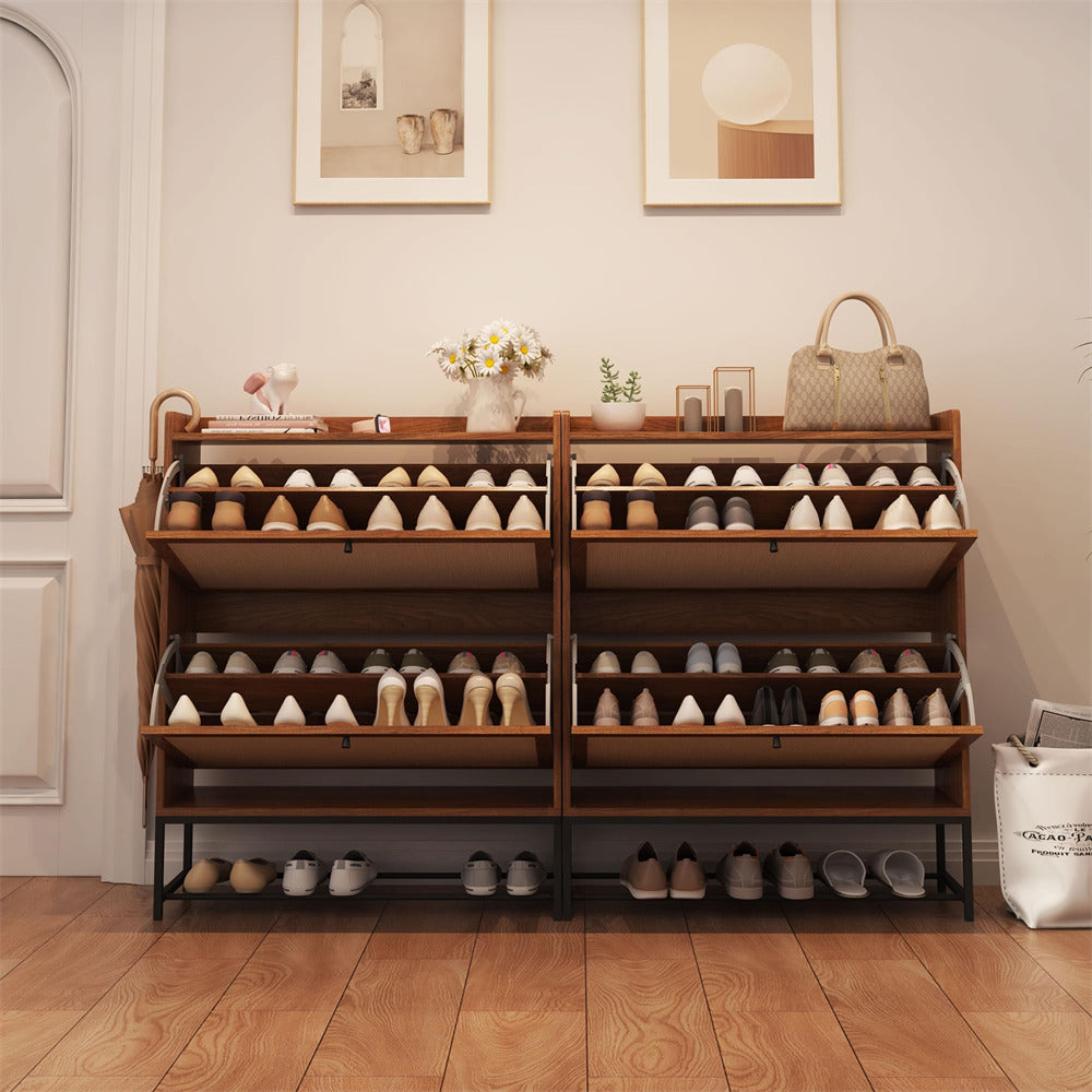 Modern Wooden Entryway Narrow Shoe Cabinet Freestanding Tipping Bucket Shoe Cabinet with 2 Flip Drawers Walnut Color