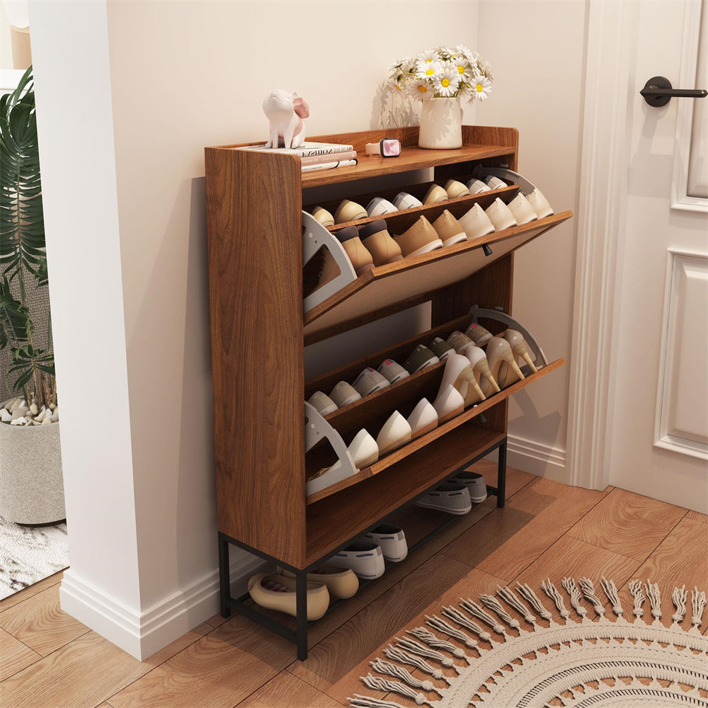 Modern Wooden Entryway Narrow Shoe Cabinet Freestanding Tipping Bucket Shoe Cabinet with 2 Flip Drawers Walnut Color