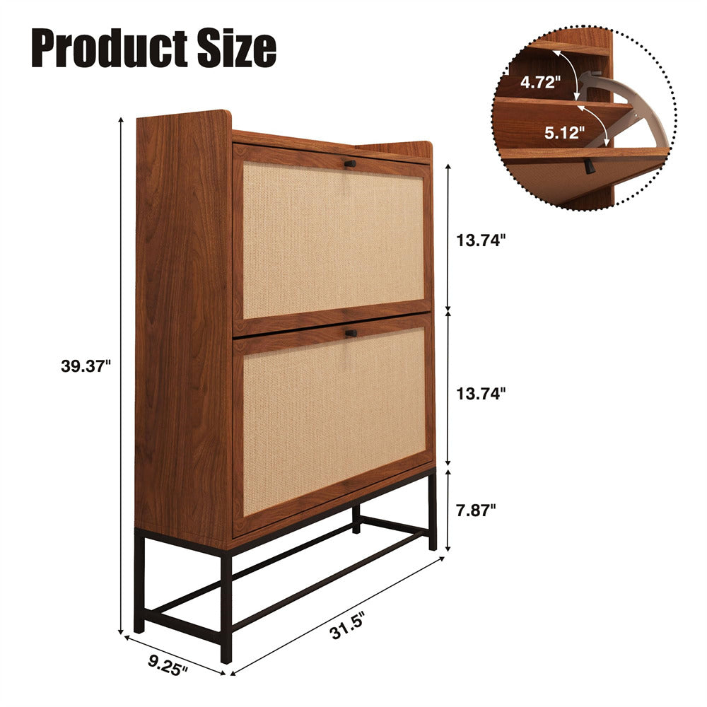 Modern Wooden Entryway Narrow Shoe Cabinet Freestanding Tipping Bucket Shoe Cabinet with 2 Flip Drawers Walnut Color