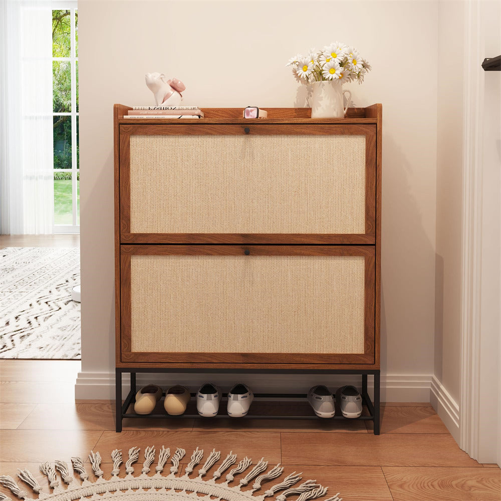 Modern Wooden Entryway Narrow Shoe Cabinet Freestanding Tipping Bucket Shoe Cabinet with 2 Flip Drawers Walnut Color