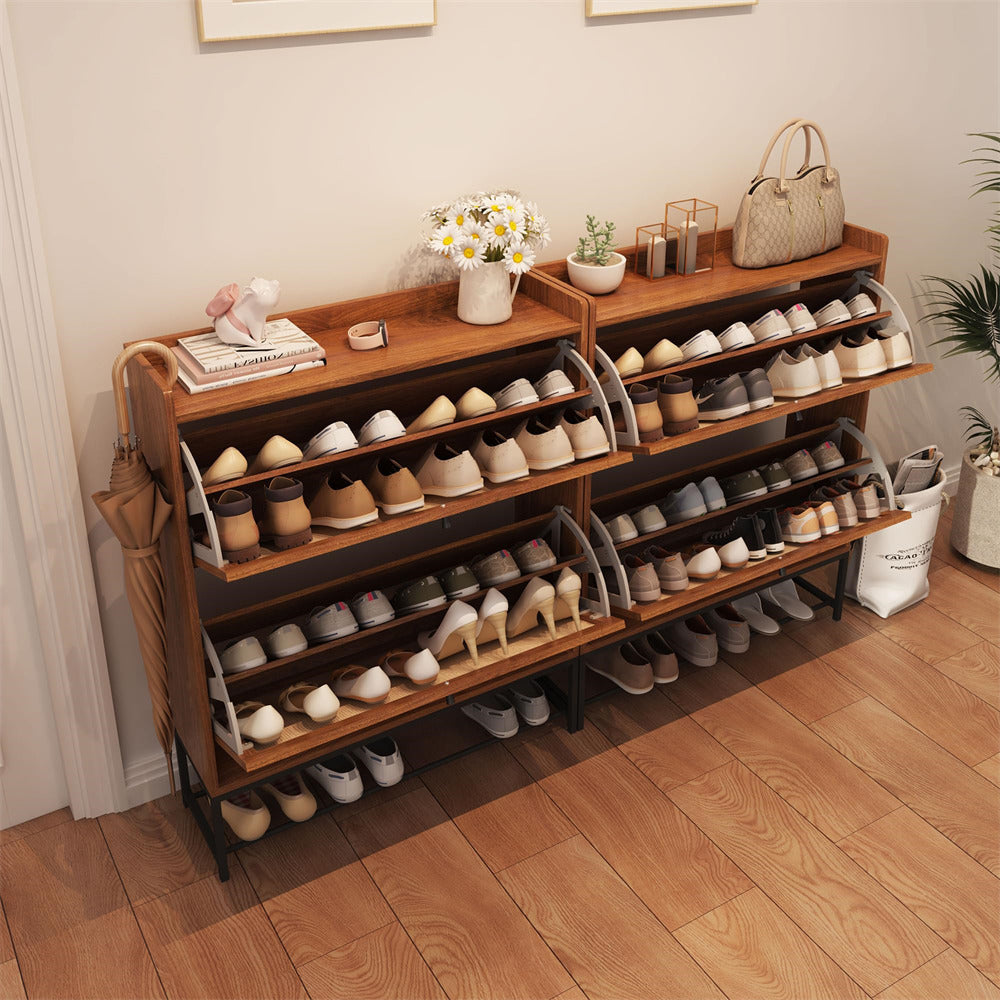 Modern Wooden Entryway Narrow Shoe Cabinet Freestanding Tipping Bucket Shoe Cabinet with 2 Flip Drawers Walnut Color