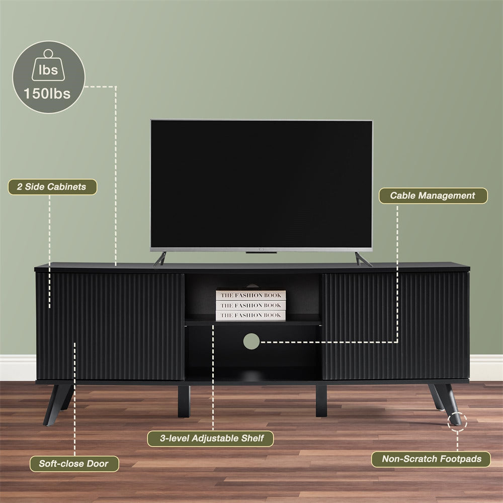 Modern Wooden TV Stand Console Table with Storage and Fluted Door Black