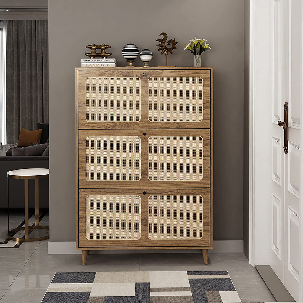 Walnut Natural Rattan 3 Drawer Shoe Cabinet