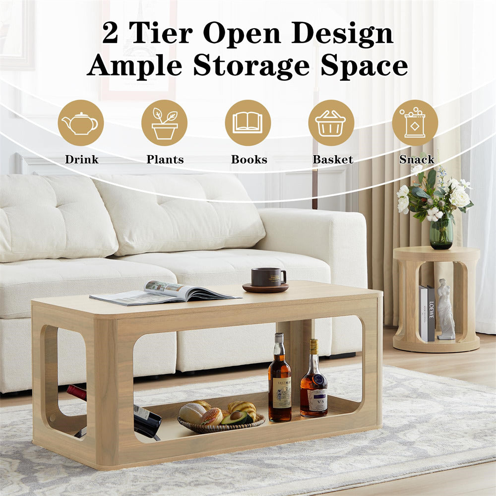 Natural 2-Tier Rectangle Coffee Tea Table with Storage Shelf