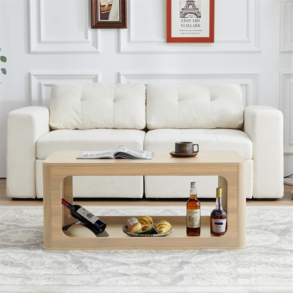 Natural 2-Tier Rectangle Coffee Tea Table with Storage Shelf
