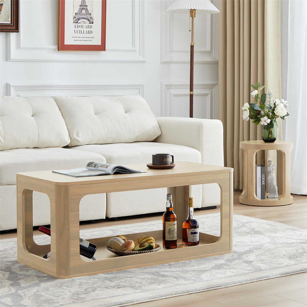 Natural 2-Tier Rectangle Coffee Tea Table with Storage Shelf
