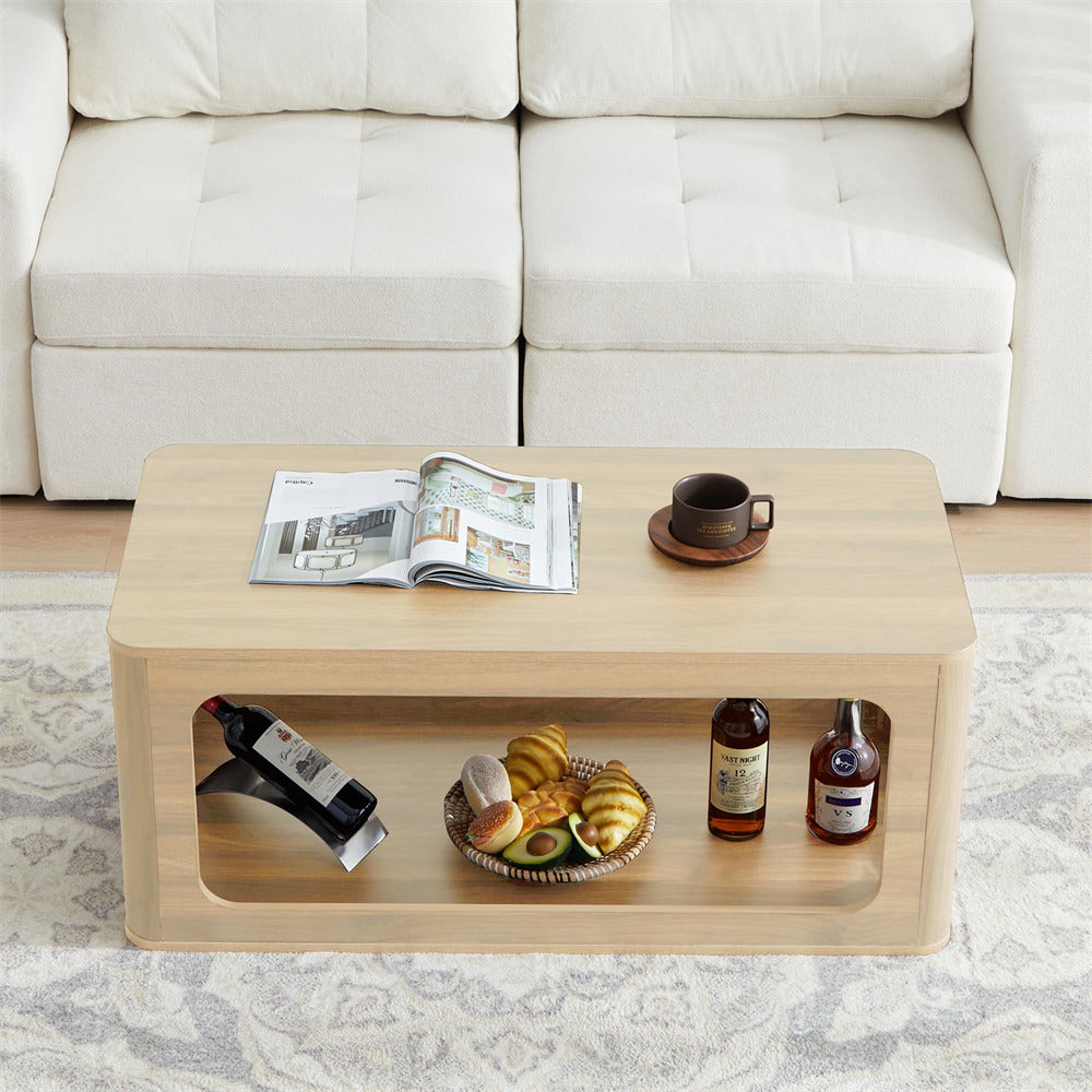 Natural 2-Tier Rectangle Coffee Tea Table with Storage Shelf