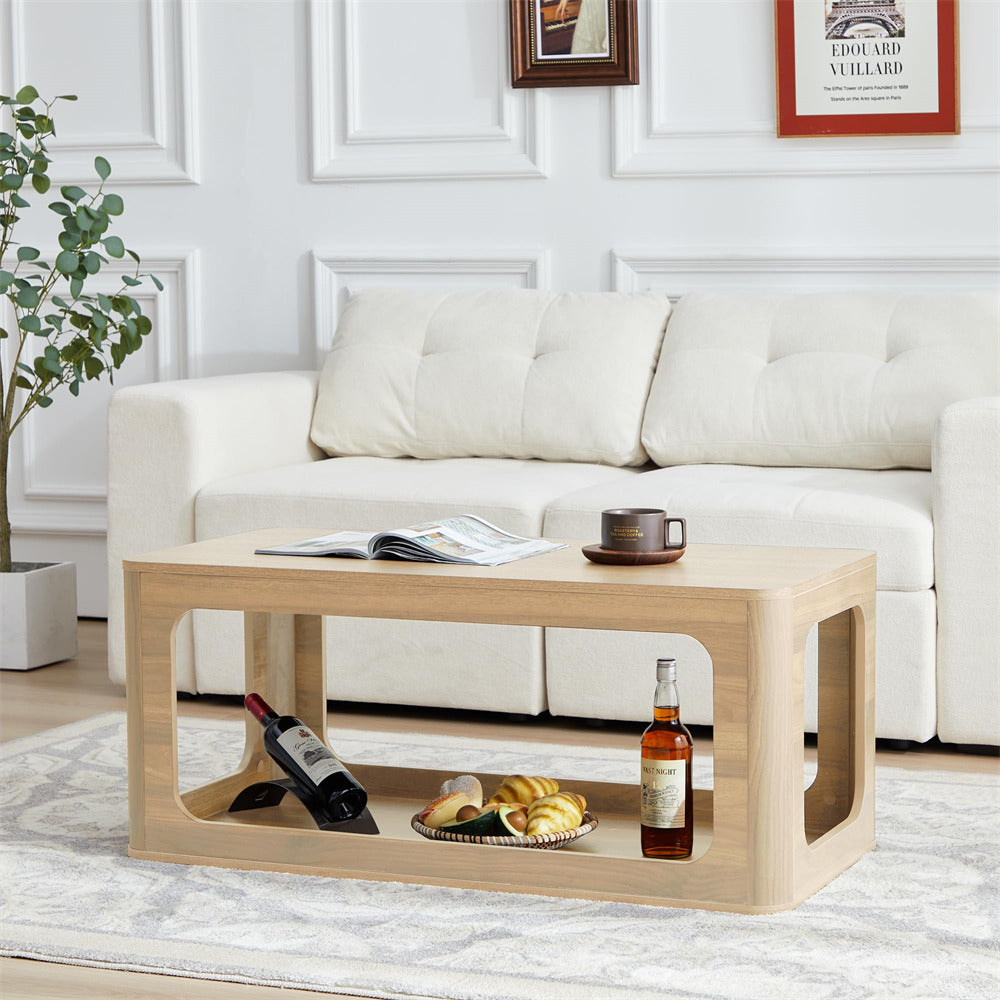 Natural 2-Tier Rectangle Coffee Tea Table with Storage Shelf