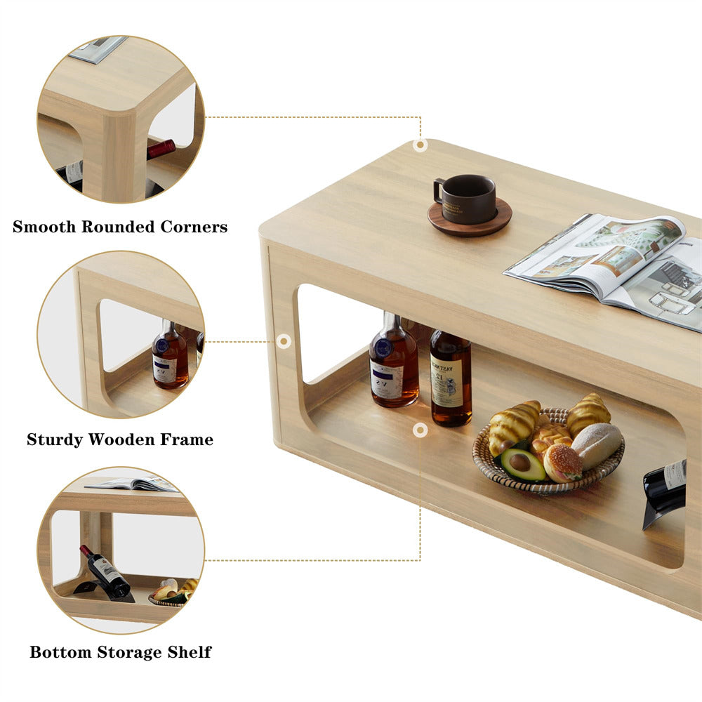 Natural 2-Tier Rectangle Coffee Tea Table with Storage Shelf