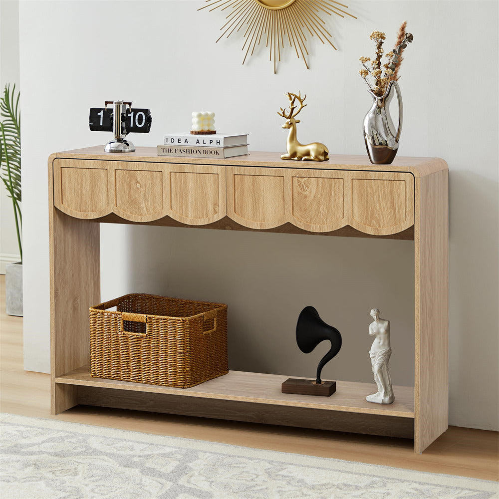Natural 47 Inches Narrow Entryway Console Table with Open Storage Shelves and Drawers
