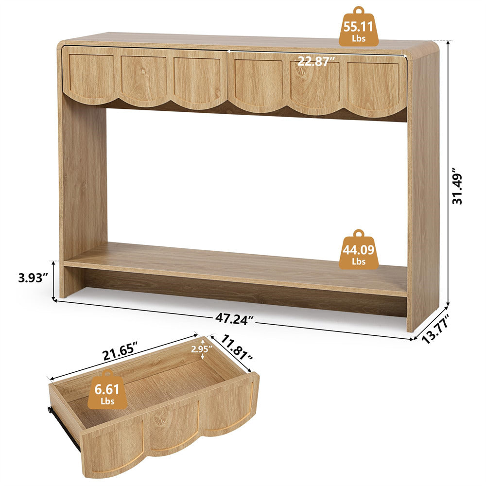 Natural 47 Inches Narrow Entryway Console Table with Open Storage Shelves and Drawers