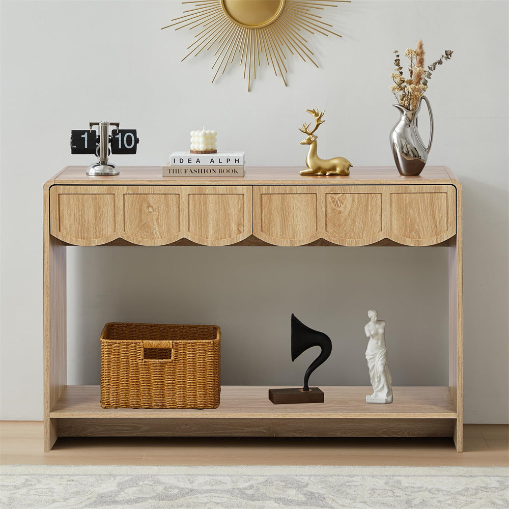 Natural 47 Inches Narrow Entryway Console Table with Open Storage Shelves and Drawers