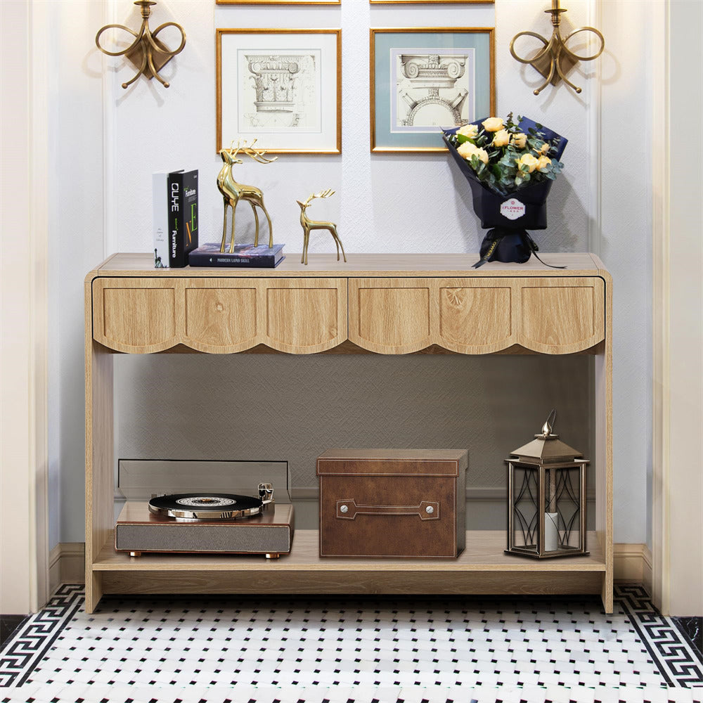Natural 47 Inches Narrow Entryway Console Table with Open Storage Shelves and Drawers