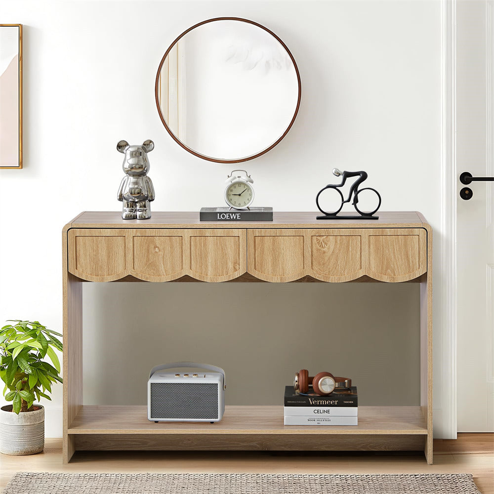 Natural 47 Inches Narrow Entryway Console Table with Open Storage Shelves and Drawers
