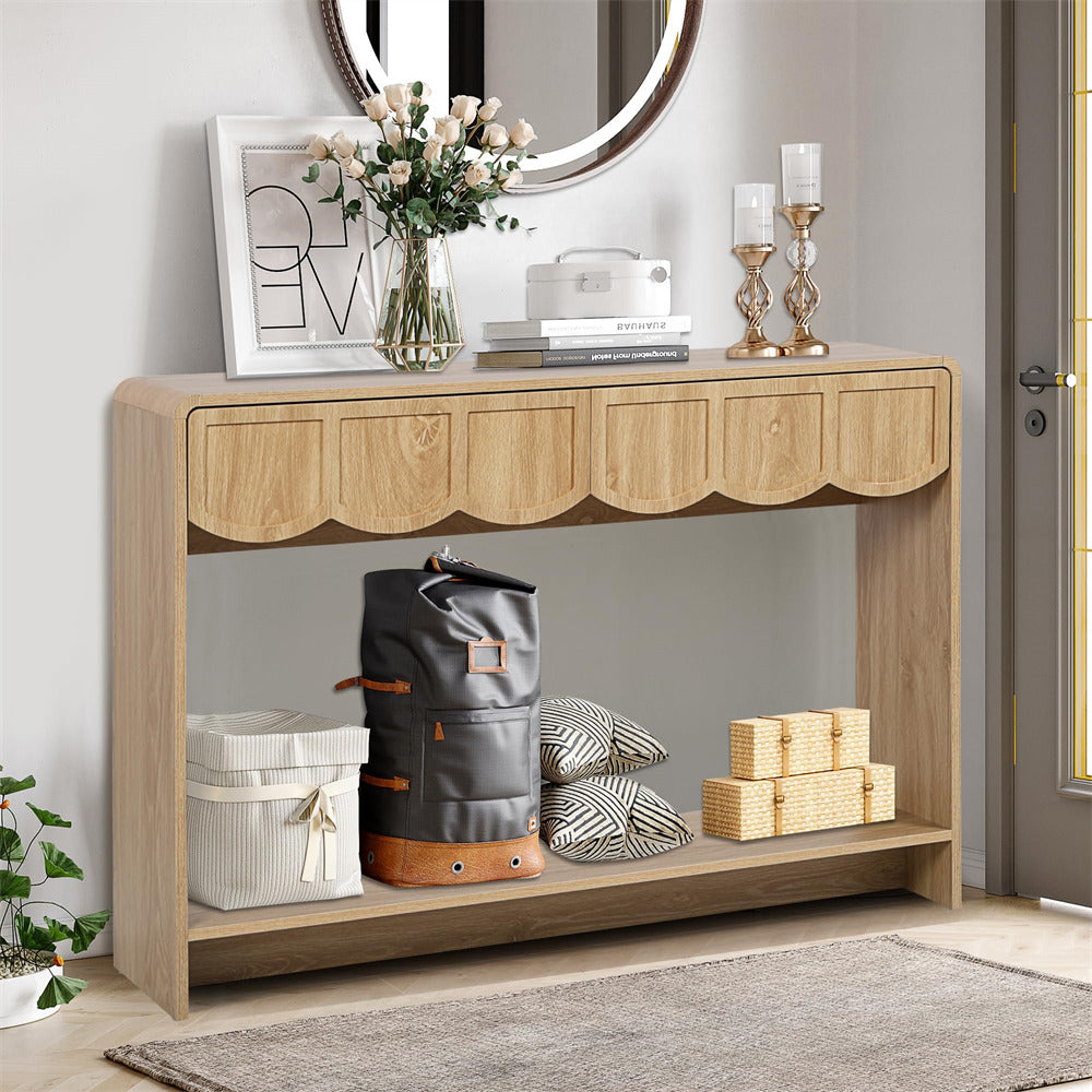 Natural 47 Inches Narrow Entryway Console Table with Open Storage Shelves and Drawers