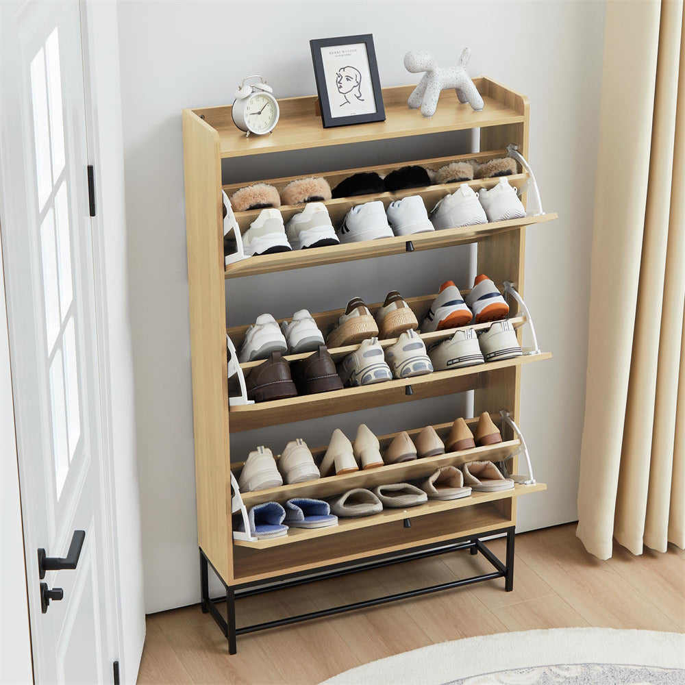 Natural Freestanding Narrow Shoe Cabinet with 3 Flip Drawers and Blackboard