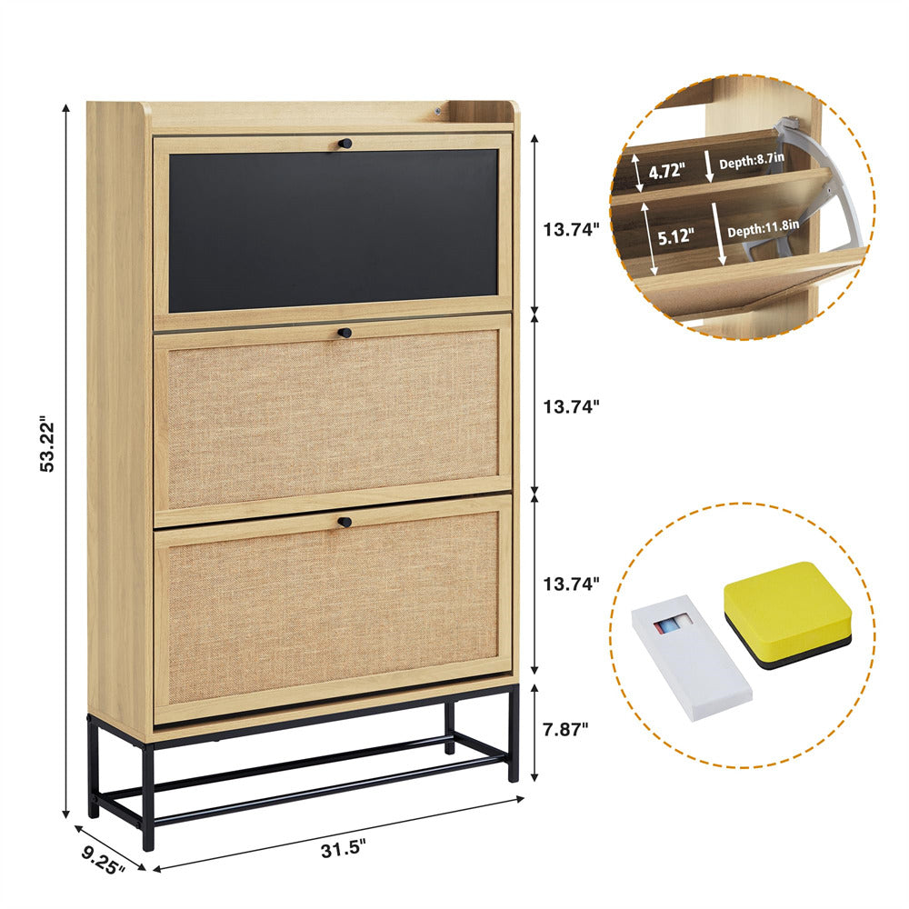 Natural Freestanding Narrow Shoe Cabinet with 3 Flip Drawers and Blackboard