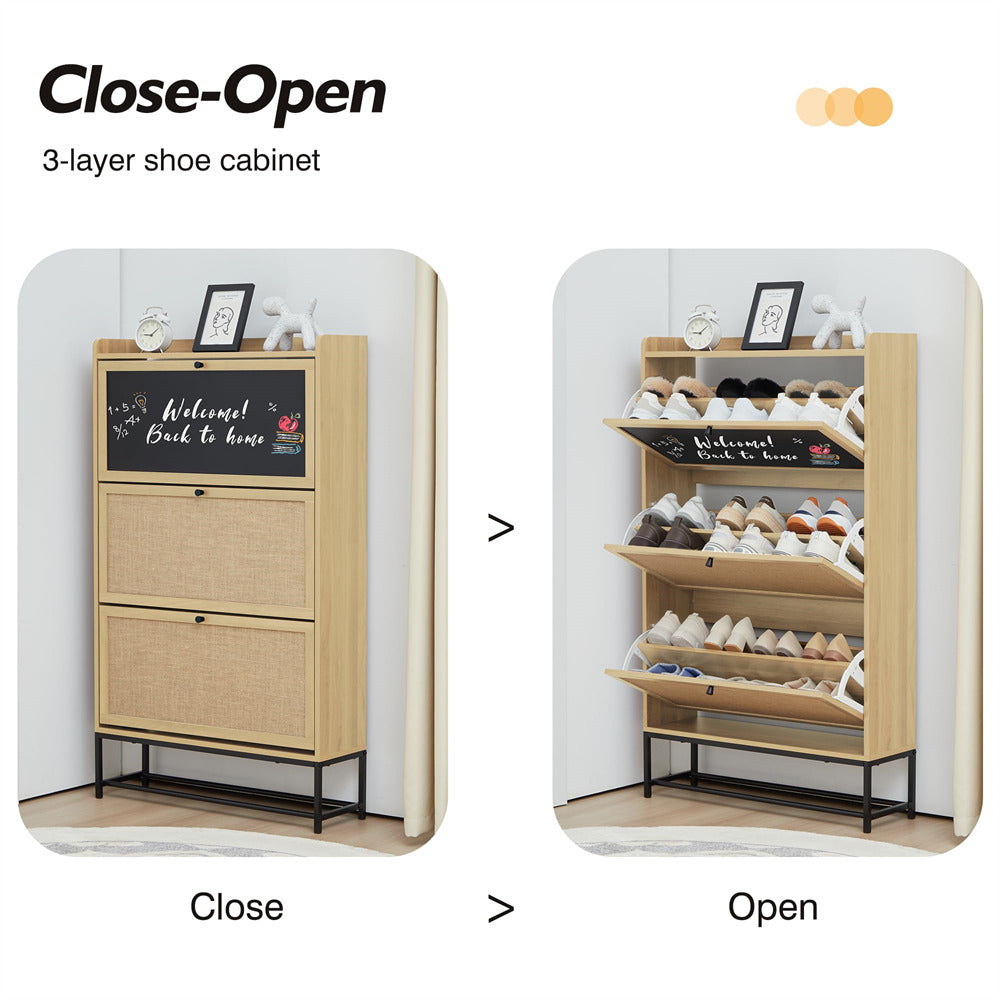 Natural Freestanding Narrow Shoe Cabinet with 3 Flip Drawers and Blackboard