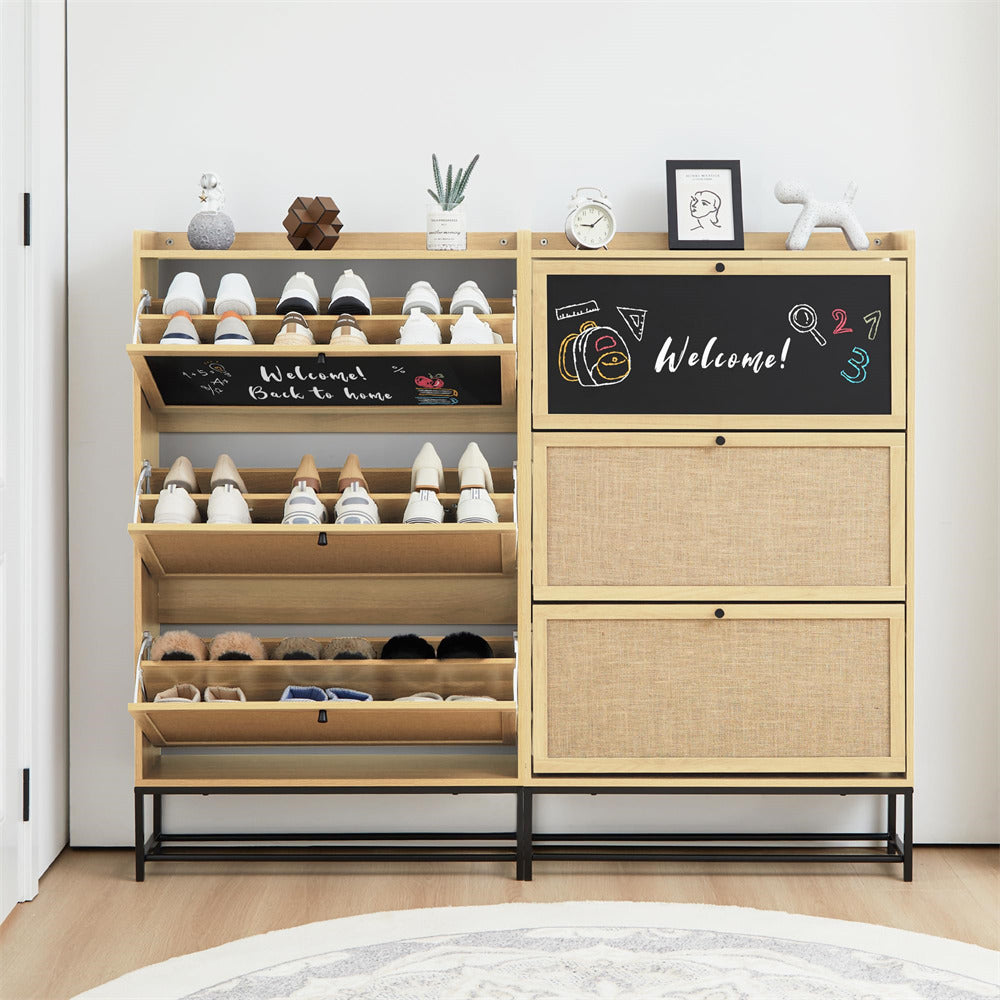 Natural Freestanding Narrow Shoe Cabinet with 3 Flip Drawers and Blackboard