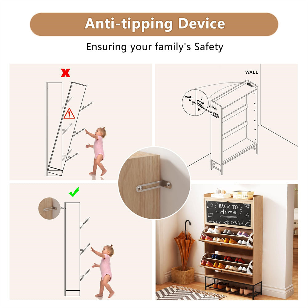Natural Freestanding Narrow Shoe Cabinet with 3 Flip Drawers and Blackboard