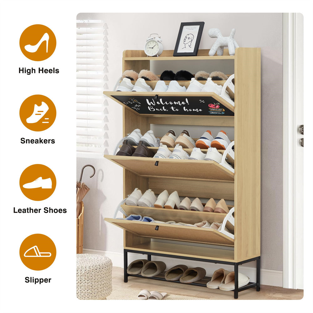 Natural Freestanding Narrow Shoe Cabinet with 3 Flip Drawers and Blackboard