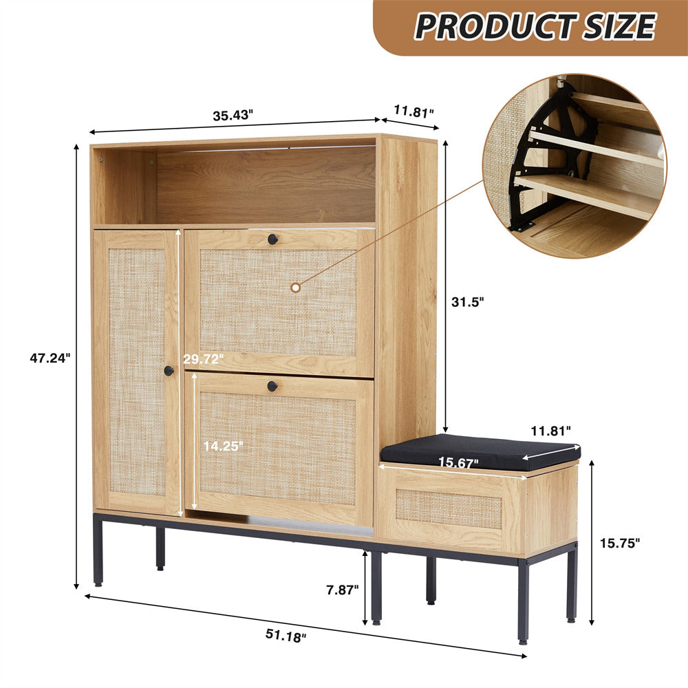 Natural Large 18 Pair Shoe Storage Cabinet with 2 Flip Drawers and Shoe Bench