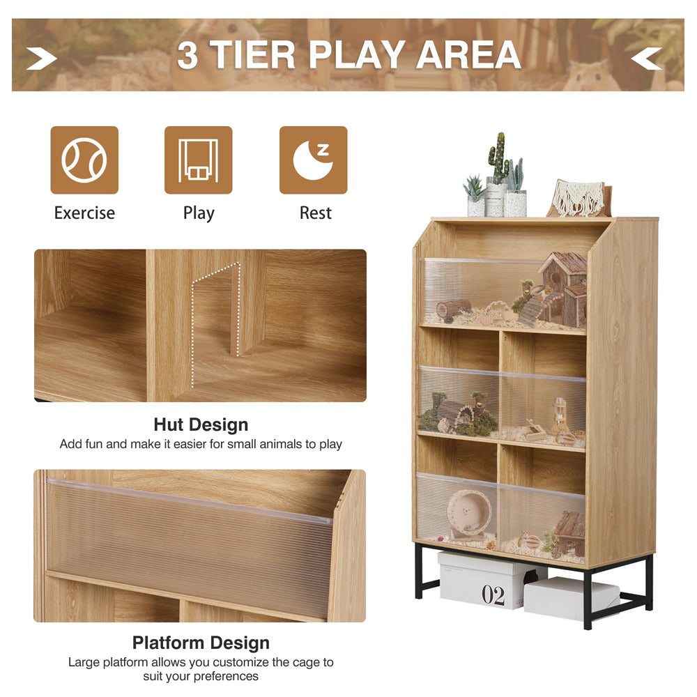 Natural Large Wooden Hamster Cage with 3-Tier Storage Cabinet and Openable Top