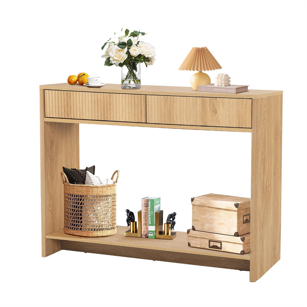 Natural Mid Century Farmhouse Fluted Narrow Console Table 43.3' Couch Table with Storage and Drawers