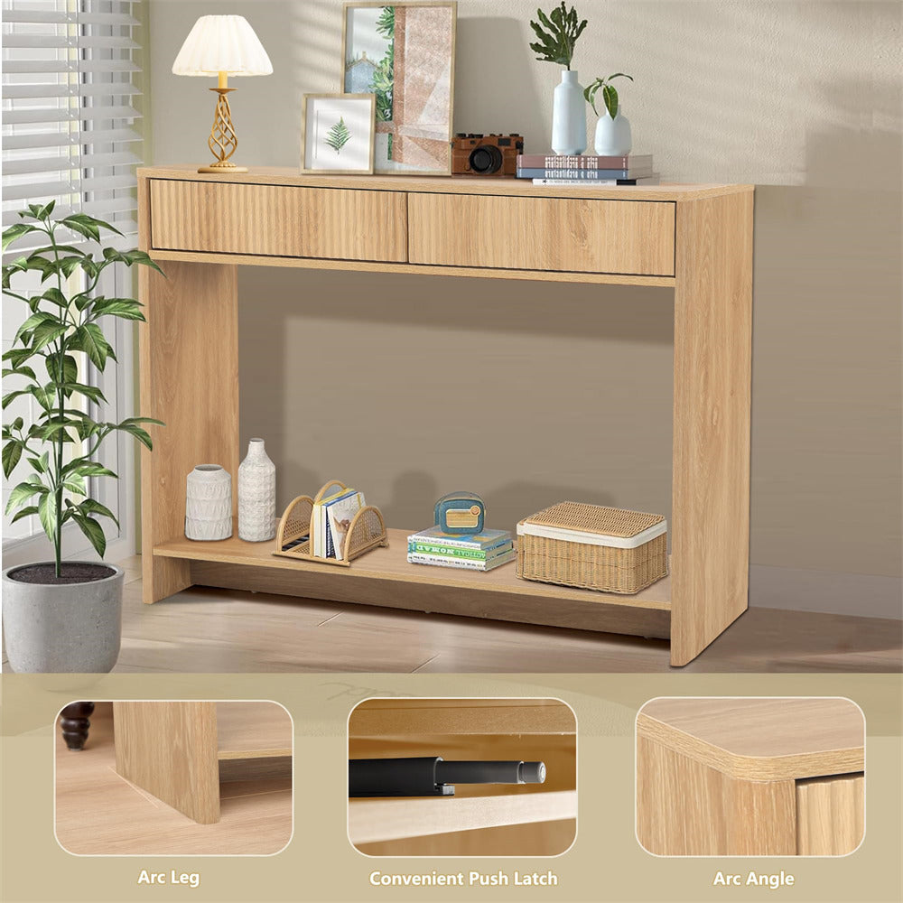 Natural Mid Century Farmhouse Fluted Narrow Console Table 43.3' Couch Table with Storage and Drawers