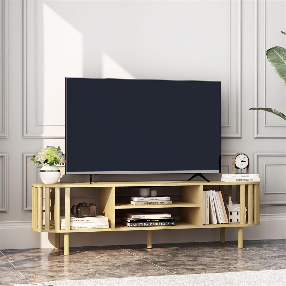 Natural Mid Century Modern TV Stand up to 70" Curved Profile Design Media Console with Storage Shelves