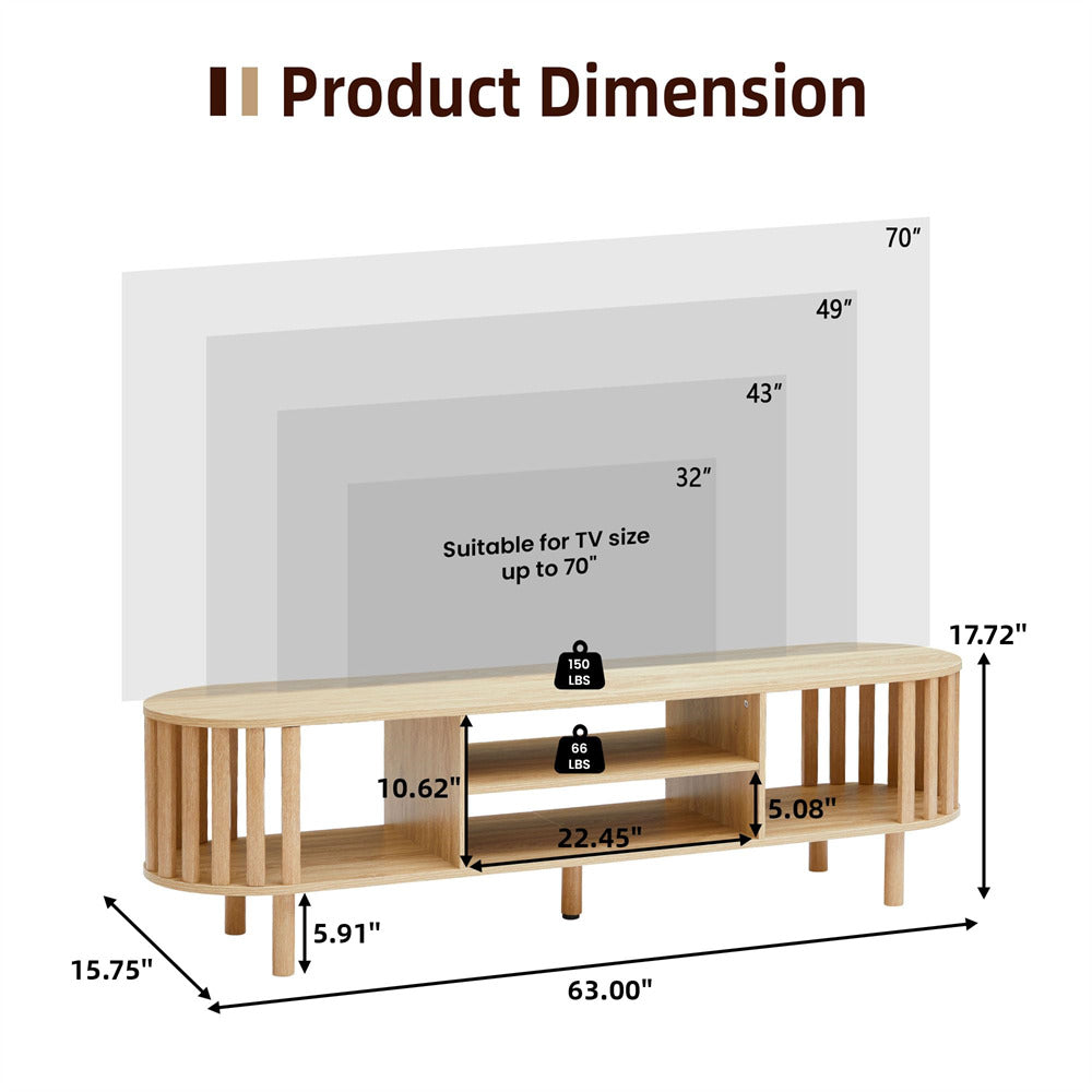 Natural Mid Century Modern TV Stand up to 70" Curved Profile Design Media Console with Storage Shelves
