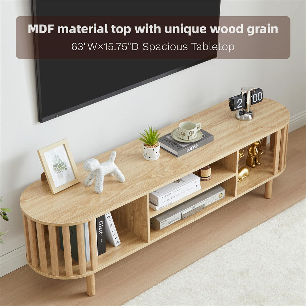 Natural Mid Century Modern TV Stand up to 70" Curved Profile Design Media Console with Storage Shelves