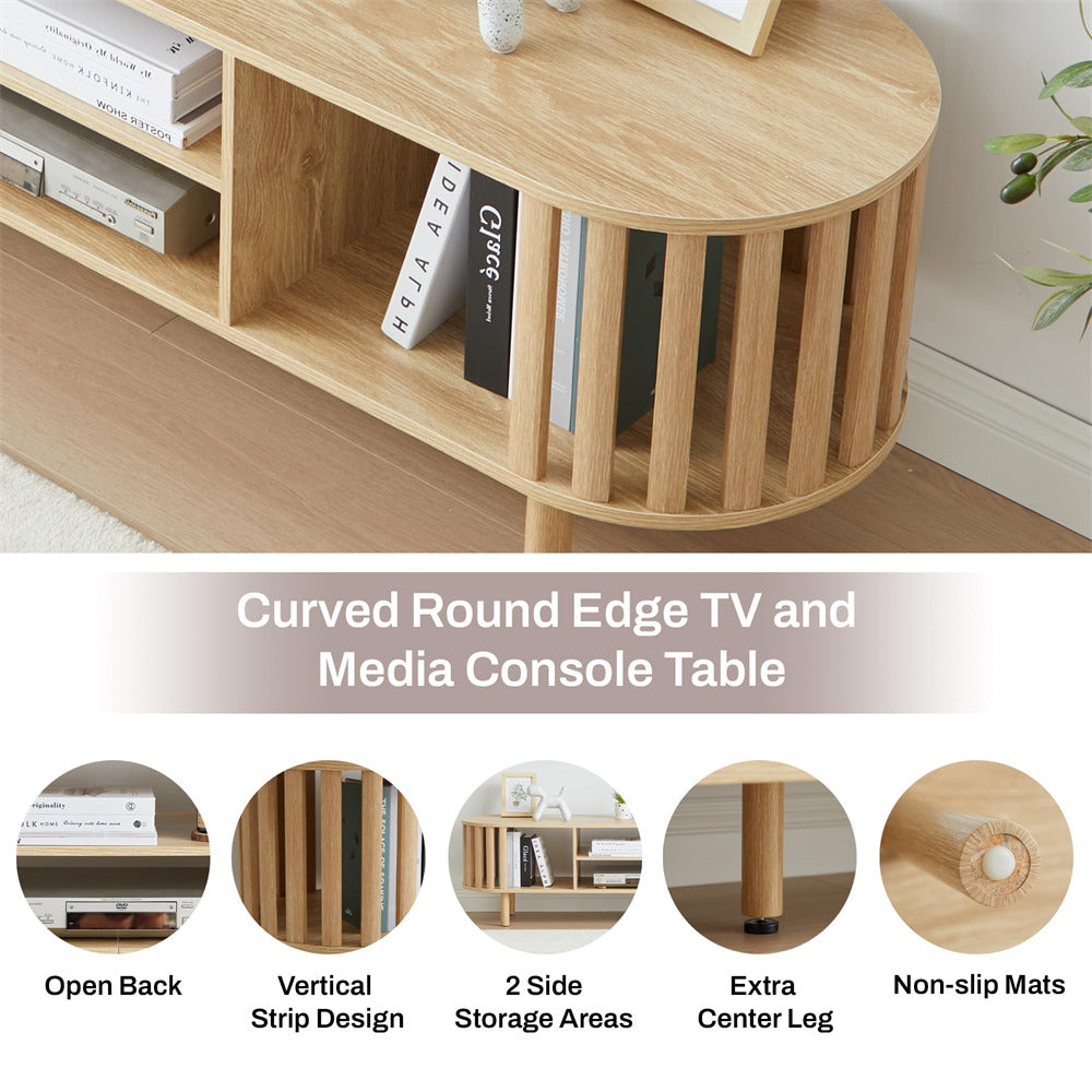 Natural Mid Century Modern TV Stand up to 70" Curved Profile Design Media Console with Storage Shelves