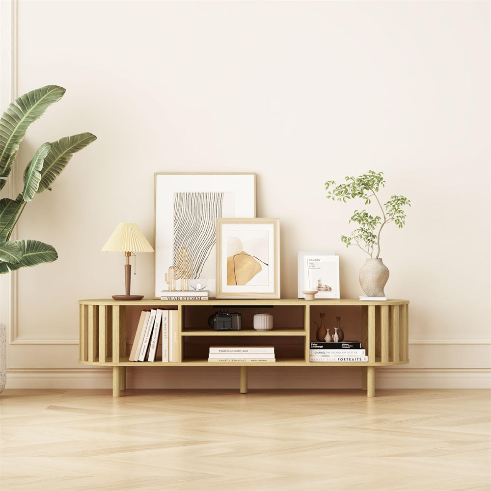 Natural Mid Century Modern TV Stand up to 70" Curved Profile Design Media Console with Storage Shelves