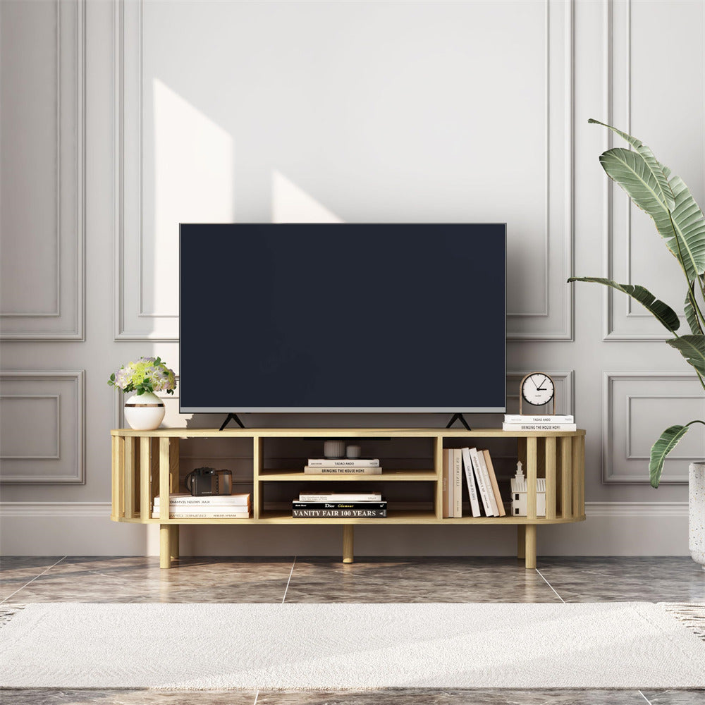 Natural Mid Century Modern TV Stand up to 70" Curved Profile Design Media Console with Storage Shelves