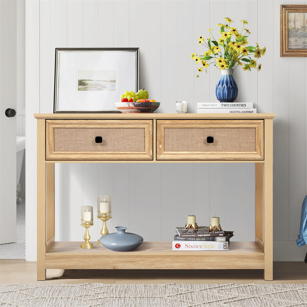 Natural Modern Narrow Boho Entryway Console Table with Open Storage Shelves and Burlap Rattan Drawers