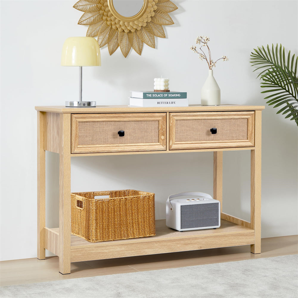 Natural Modern Narrow Boho Entryway Console Table with Open Storage Shelves and Burlap Rattan Drawers
