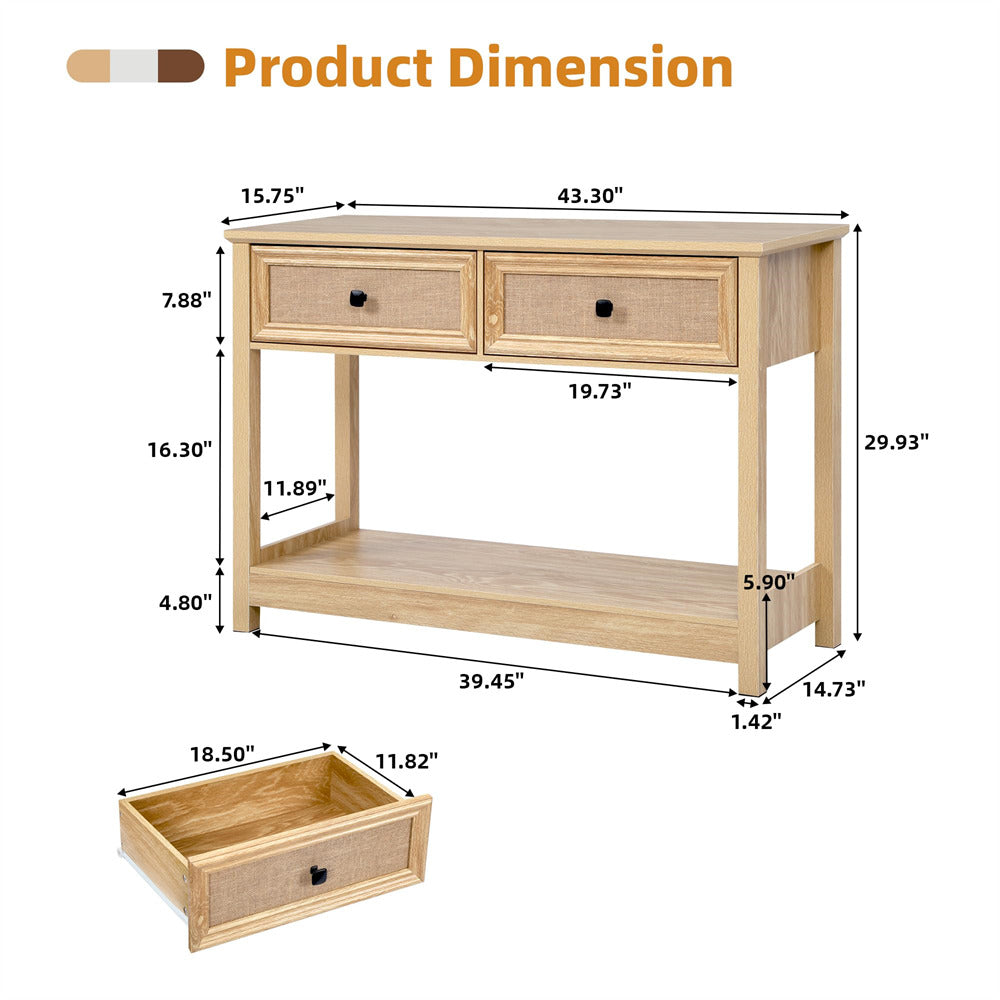 Natural Modern Narrow Boho Entryway Console Table with Open Storage Shelves and Burlap Rattan Drawers
