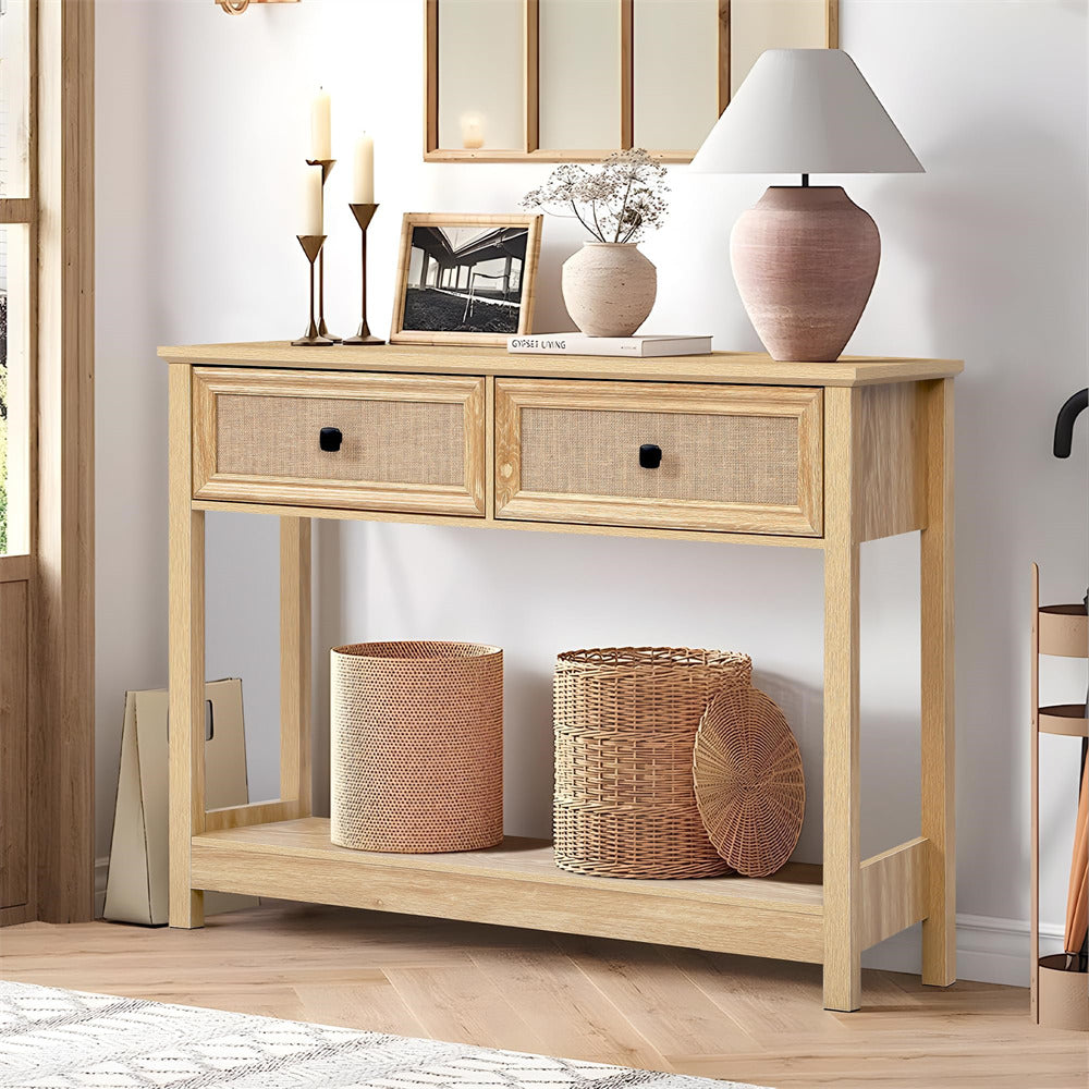Natural Modern Narrow Boho Entryway Console Table with Open Storage Shelves and Burlap Rattan Drawers