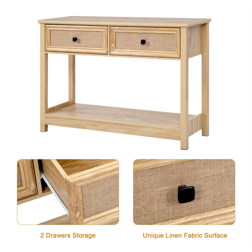 Natural Modern Narrow Boho Entryway Console Table with Open Storage Shelves and Burlap Rattan Drawers