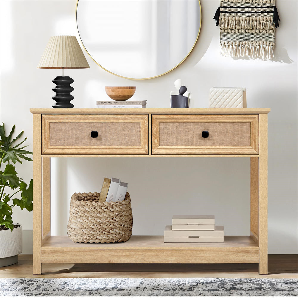 Natural Modern Narrow Boho Entryway Console Table with Open Storage Shelves and Burlap Rattan Drawers