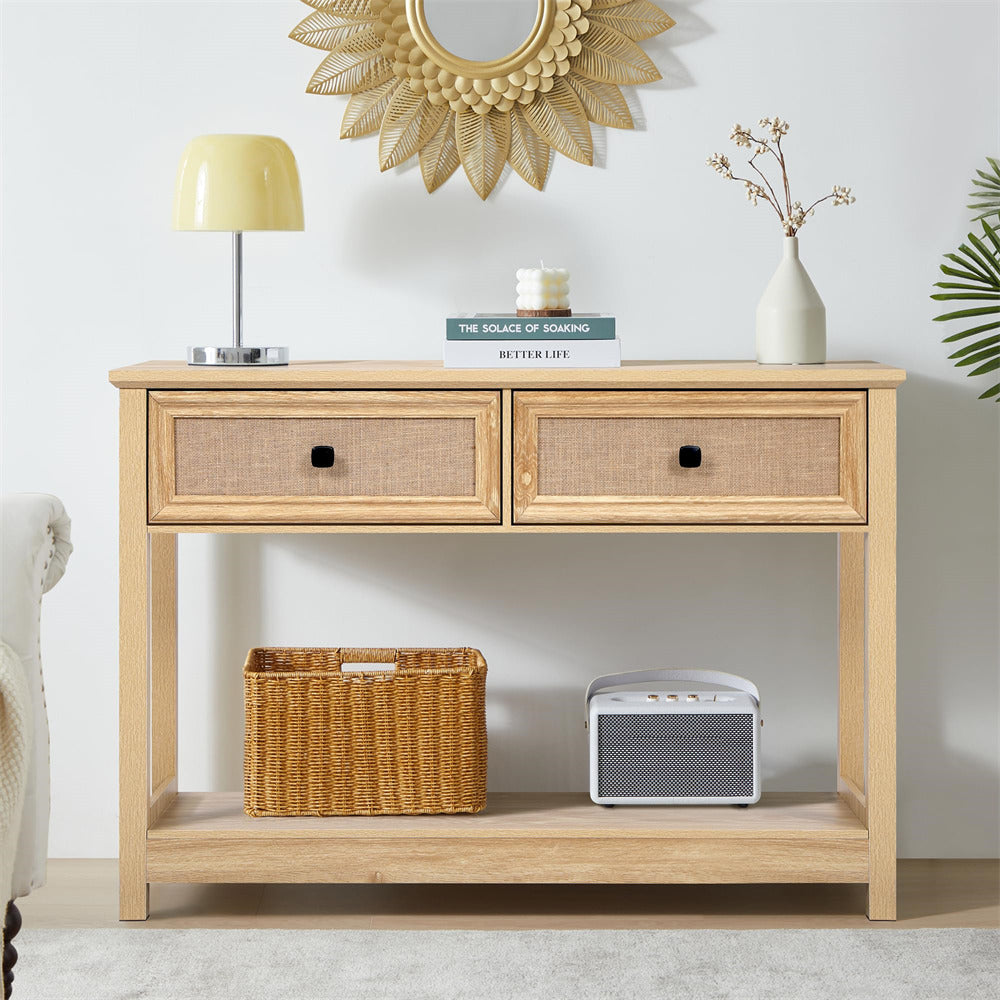 Natural Modern Narrow Boho Entryway Console Table with Open Storage Shelves and Burlap Rattan Drawers