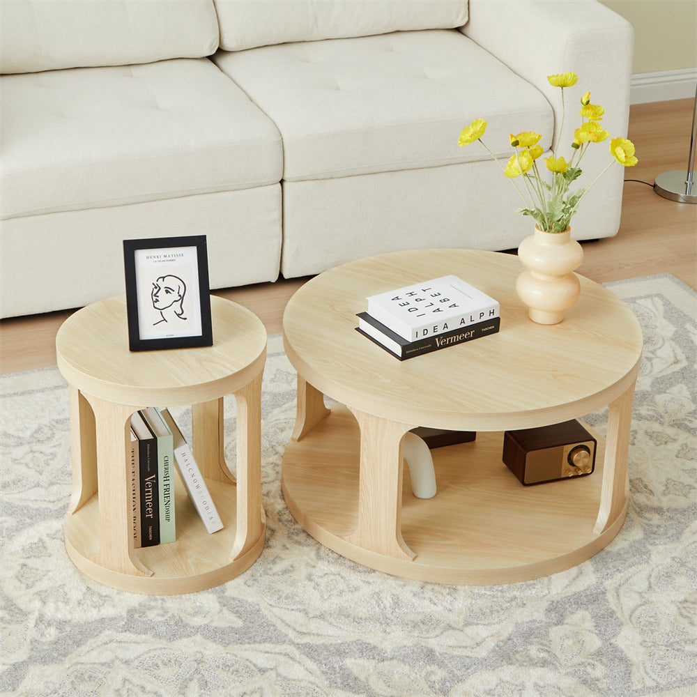 Natural Modern Side Table Round Nesting Coffee Table Set of 2 with Storage Shelf