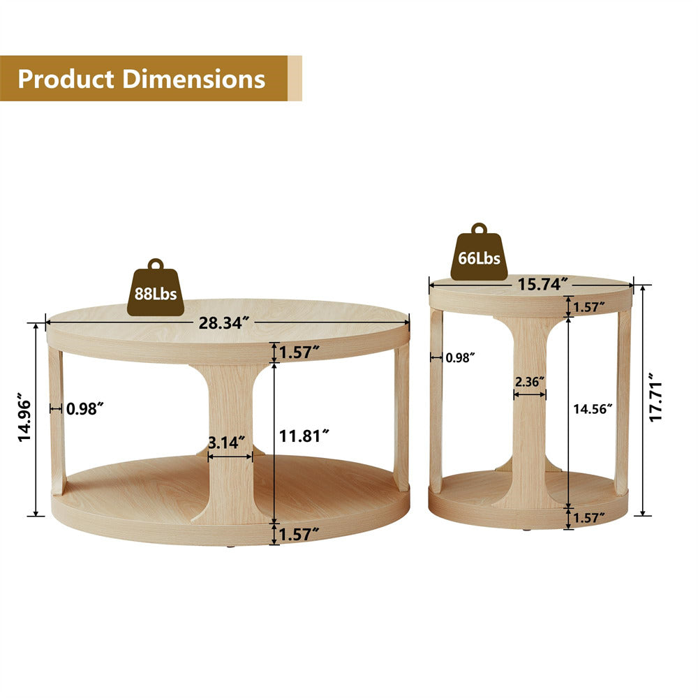 Natural Modern Side Table Round Nesting Coffee Table Set of 2 with Storage Shelf