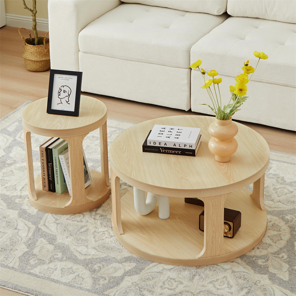 Natural Modern Side Table Round Nesting Coffee Table Set of 2 with Storage Shelf