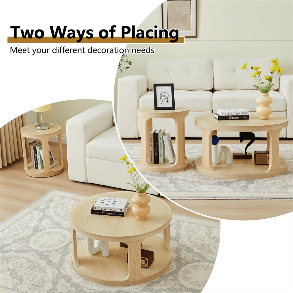 Natural Modern Side Table Round Nesting Coffee Table Set of 2 with Storage Shelf