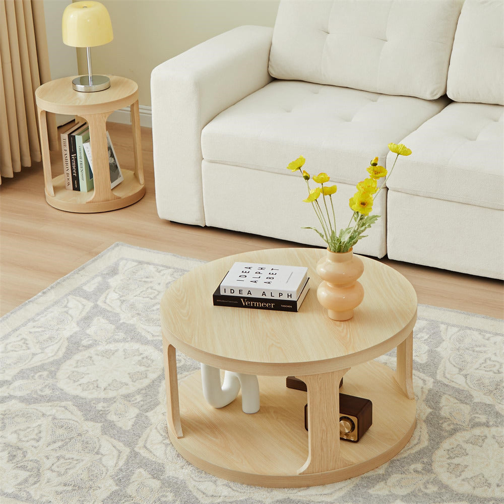 Natural Modern Side Table Round Nesting Coffee Table Set of 2 with Storage Shelf