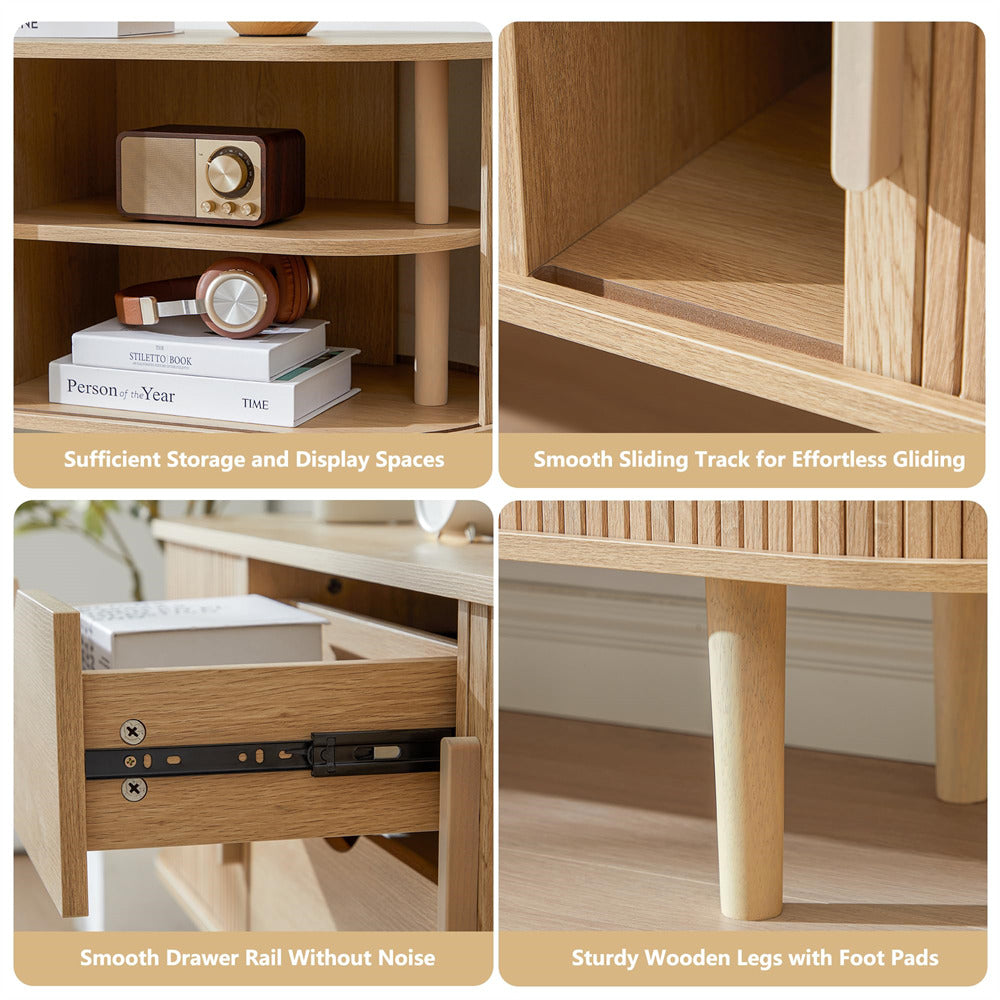 Natural Modern TV Stand Console Table Entertainment Center with Storage Compartment and Sliding Door