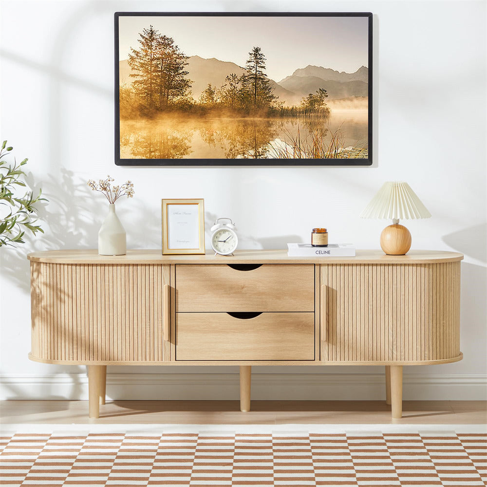 Natural Modern TV Stand Console Table Entertainment Center with Storage Compartment and Sliding Door