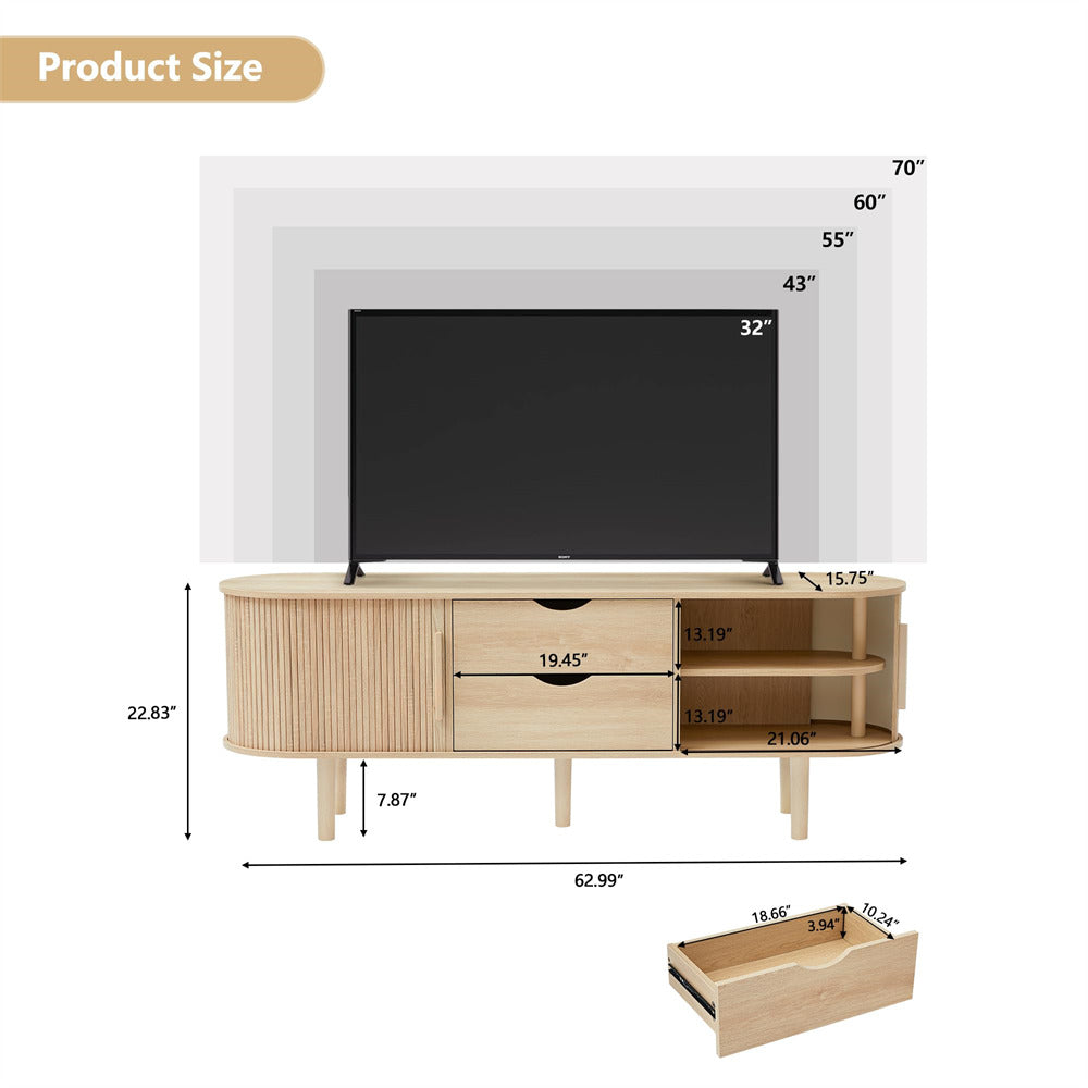 Natural Modern TV Stand Console Table Entertainment Center with Storage Compartment and Sliding Door